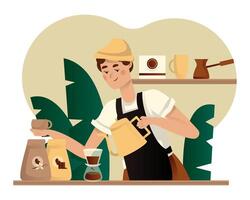 Man in apron working in coffee shop, prepare drink. Small business owner vector