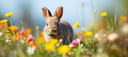 AI generated Adorable bunny with easter eggs in flowery meadow, surrounded by bright spring colors photo