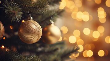 AI generated Golden christmas tree with gold baubles and sparkling lights on festive holiday background photo