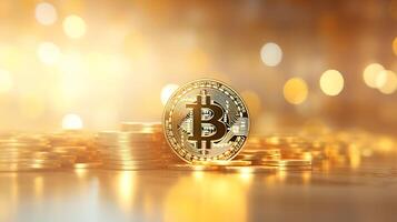 AI generated Bitcoin on blurred defocused yellow abstract background with copy space for text placement photo