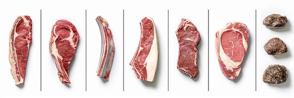 AI generated Assorted steak products collage with white vertical lines, 7 segments, bright white light photo