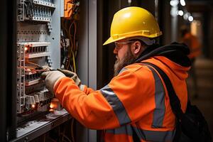 ai generado experimentado masculino electricista instalando equipo en tablero de conmutadores con precisión y pericia foto