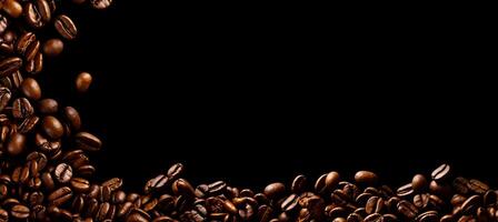 AI generated Premium roasted coffee beans on elegant black background for coffee enthusiasts and trendy cafes photo