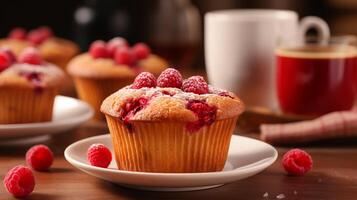 AI generated Homemade raspberry muffins with easy recipe concept on blurred background for a delightful treat photo