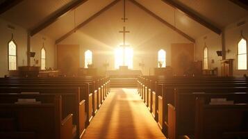 ai generado Pascua de Resurrección domingo sereno Iglesia interior con radiante ligero y vistoso manchado vaso ventanas foto