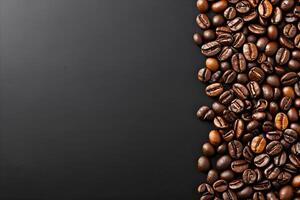 AI generated Premium roasted coffee beans on elegant black background   banner for coffee lovers and cafes photo