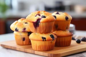 AI generated Blueberry muffins on blurred background, perfect for easy recipes in home kitchen, with copy space. photo