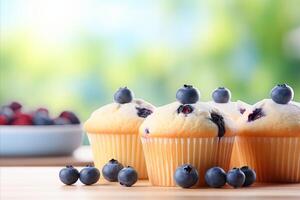 AI generated Blueberry muffins dessert concept at home kitchen on blurred background with space for text photo