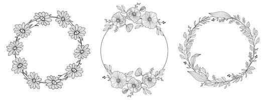 Set of hand drawn flower wreath. Vector floral frame in doodle style. Wedding monogram flourish frame isolated on white background. Outline border with wild flowers, meadow herbs and branches