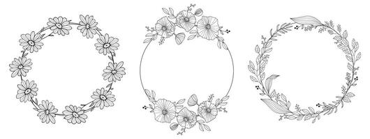 Set of hand drawn flower wreath. Vector floral frame in doodle style. Wedding monogram flourish frame isolated on white background. Outline border with wild flowers, meadow herbs and branches