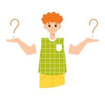 Confused young guy thinking and making choice surrounded by question marks. Vector character isolated on white background. Flat cartoon style. Concept of doubting, solving problem, making decision