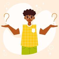 Confused young African American guy thinking surrounded by question marks. Vector character in flat cartoon style. Concept of doubting, solving problem and making choice