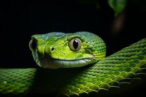 AI generated Vibrant green jungle snake on tree branch in lush rainforest   macro with intricate details photo