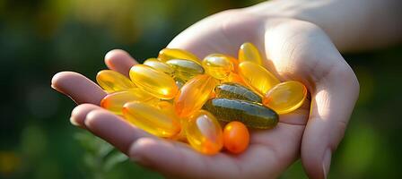 AI generated Woman s hand holding food supplements on blurred background with copy space for text placement photo