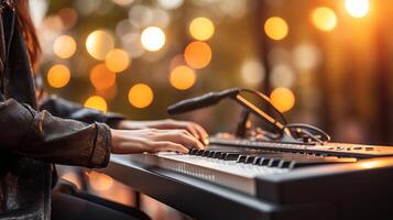 AI generated Passionate musician playing keyboard on defocused background with text space for creative expression photo