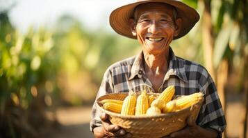 AI generated Farmer holding basket of fresh corn on blurred background   copy space for text placement photo