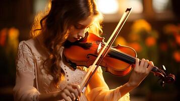 AI generated Passionate female musician playing violin with intricate details and expressive hands photo