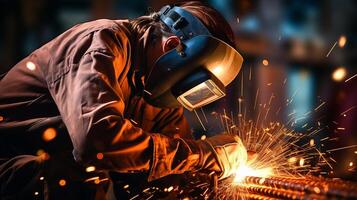 AI generated Skilled worker expertly arc welding with powerful welder while wearing essential safety gear photo