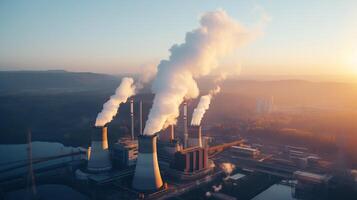 AI generated Aerial view of a metallurgical plant at dawn with smoke and smog emissions impacting the environment photo