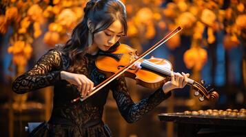 AI generated Passionate female musician playing violin with intricate details and emotional expression photo