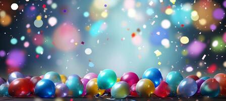 AI generated Lively and celebratory blurred bokeh background with colorful confetti and dynamic party elements photo