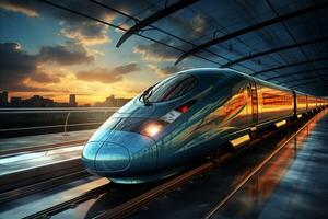 AI generated High speed bullet train accelerating rapidly on the railway tracks with dramatic motion blur effect photo