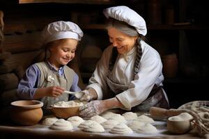 AI generated Elderly grandma and grandchild bonding over the joy of baking homemade pastries together photo