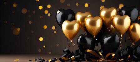 AI generated Golden and black metallic balloons with confetti on blurred background for celebrations and events. photo