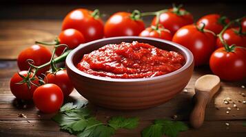 AI generated Wooden table with tantalizing bowl of tomato sauce and cherry tomatoes, close up shot photo