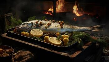 AI generated Exquisite and flavorful roasted fish searing in a pan, enticing and ready to be savored photo