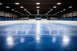 ai generado reluciente hielo, radiante arena inmaculado hockey pista debajo brillante blanco y intenso azul focos foto