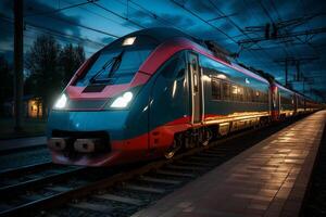 AI generated Sleek and modern high speed train rushing swiftly along the tracks with a blur effect photo