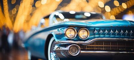 AI generated Vibrant car showroom with blurred bokeh effect, classic icons, and vintage car imagery photo