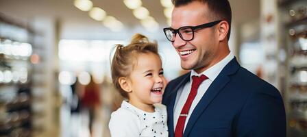 ai generado sonriente niña molesto en lentes con oculista en óptica almacenar, borroso madre en antecedentes foto