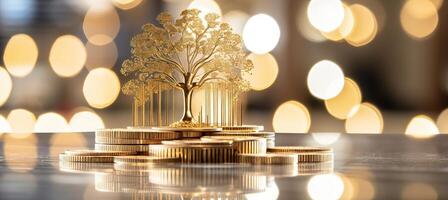 AI generated Golden tree of financial growth with coins and banknotes in bokeh cityscape background. photo