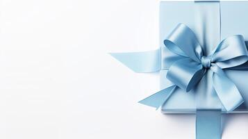 AI generated Large blue ribbon bow on left of long ribbon for banner, isolated on white with copy space photo