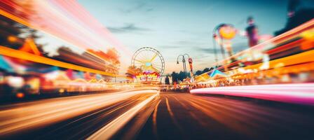 ai generado bullicioso carnaval noche borroso bokeh efecto con vistoso paseos, juegos, y comida establos foto