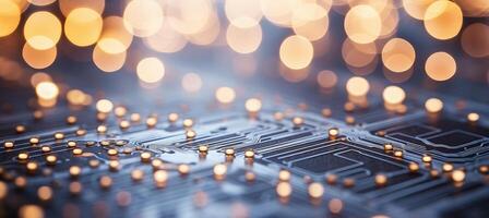 AI generated Blurred bokeh background with intricate circuitry and glowing components of a computer chip photo