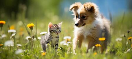 AI generated Kitten and dog playing on lawn in bright summer day with blurred background and copy space photo
