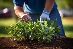 AI generated Experienced gardener meticulously pruning and shaping vibrant plants with precision garden scissors photo