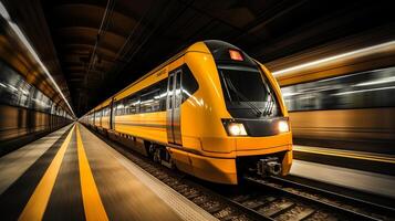 AI generated Modern and streamlined high speed train speeding along the tracks with a sense of urgency photo