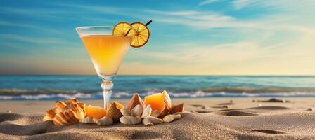 AI generated Tropical summer cocktail on beach with palm trees, shells, and starfish by the clear blue sea photo