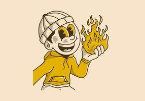 Vintage illustration of a beanie guy holding a fire vector