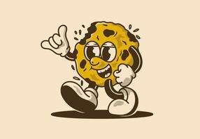 Mascot character of a walking cookies in retro style vector