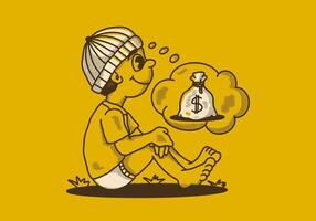 Retro character illustration of a beanie boy sitting and daydreaming vector