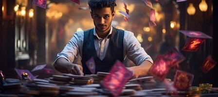 AI generated Magician performing tricks in a colorful smoke filled stage with blurred bokeh effect photo