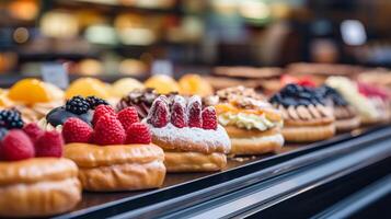 ai generado elegante pastelería brumoso borroso bokeh antecedentes con gastrónomo postres y café bebidas foto