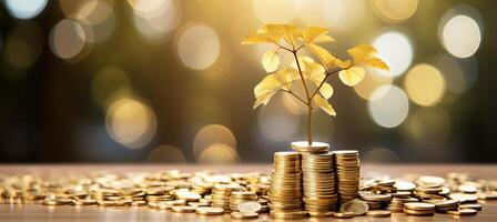 ai generado dorado árbol de financiero crecimiento borroso bokeh paisaje urbano antecedentes con monedas y billetes foto