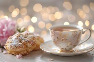 AI generated Bright bokeh transition to a cheerful tea party with dainty pastries and floral arrangements photo