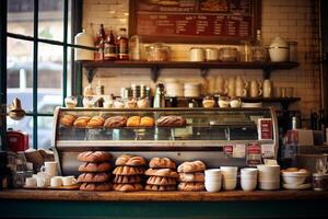 AI generated Aesthetic bokeh transition in cozy caf   scene with coffee, pastries, and warm lighting photo